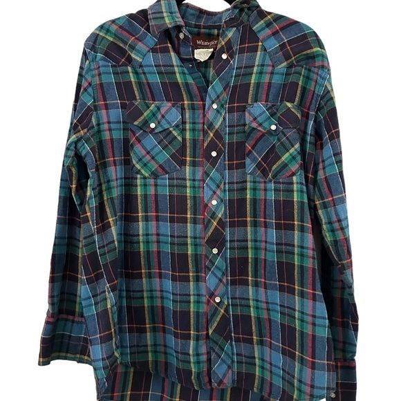 Wrangler Other - 1990's Wrangler Mens High Plaid Pearl Snap Flannel Western Shirt Size Large